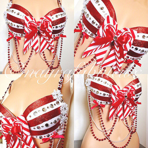 Cute Candy Cane Festive Top/ Sexy Christmas Ribbon Rave Bra/ Holiday  Glitter Theme Wear/ Festival Bling Costume/ Bow Bra/ MADE TO ORDER -   New Zealand