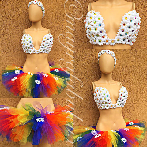 Rainbow Daisy EDC Outfit: Bra with Matching Garter Belt Bustle and