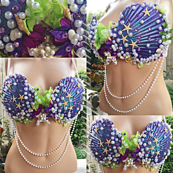 Mermaid Shell Bra Purple Collapsible Neoprene Tall Can Insulator by TooLoud