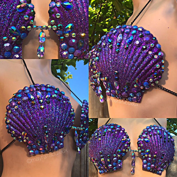 Mermaid Shell Bra Purple Collapsible Neoprene Tall Can Insulator