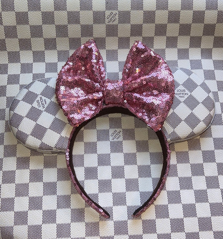 Black and Silver Louis V Leather Minnie Ears, Designer Minnie Ears
