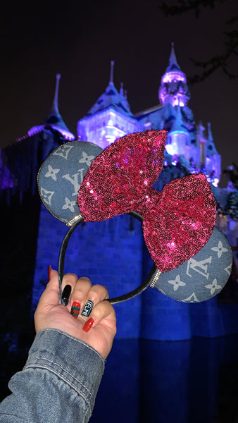 Green Sequin Bow Louis V Minnie Ears, Designer Minnie Ears